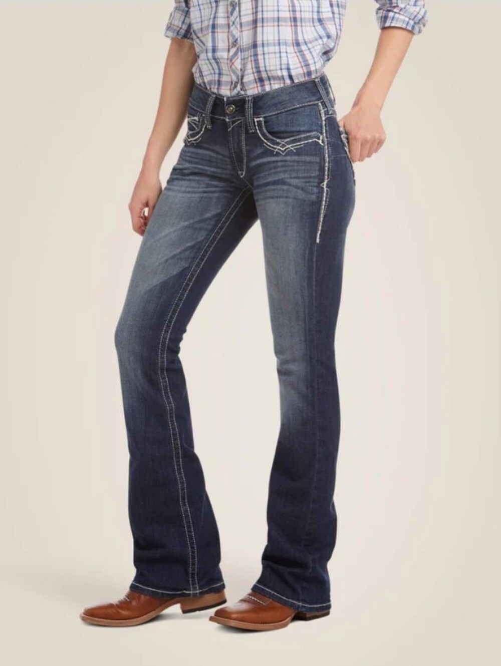 Ariat REAL Denim Mid Rise Bootcut Jeans Dark Blue White Contrast Stiching